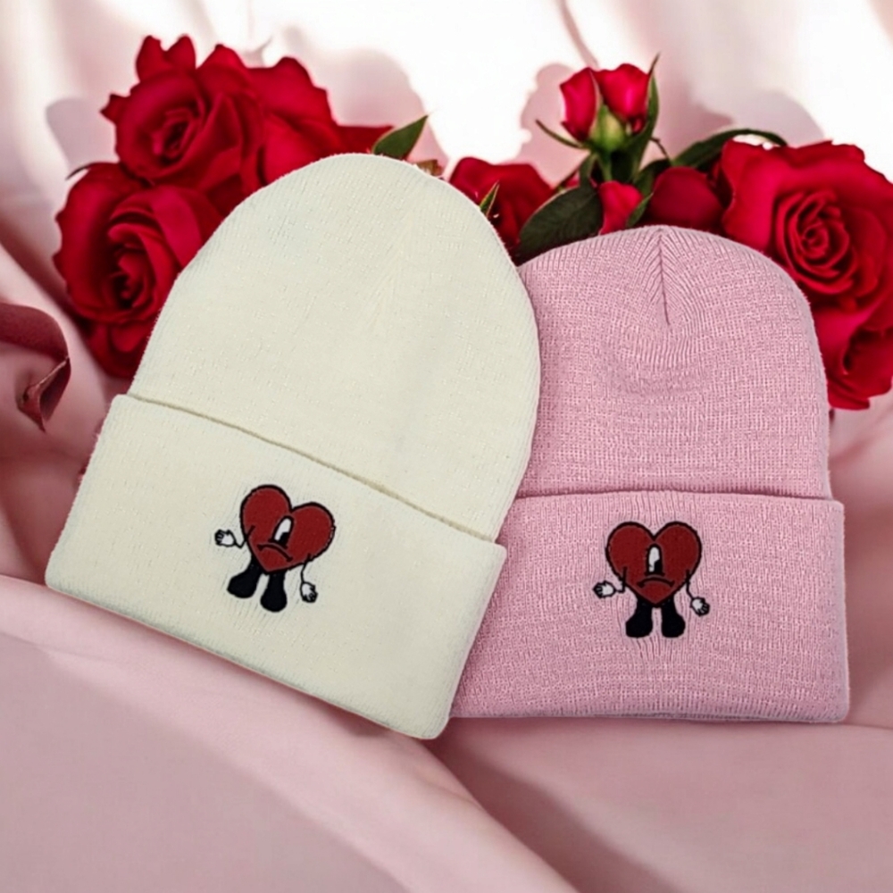 Embroidered Bad Bunny Heart in Pink or White Knit Beanie